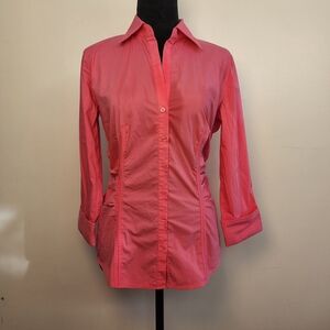 New York & Company Women’s S 3/4 Sleeve Solid Pink Button Blouse Rouching Sides